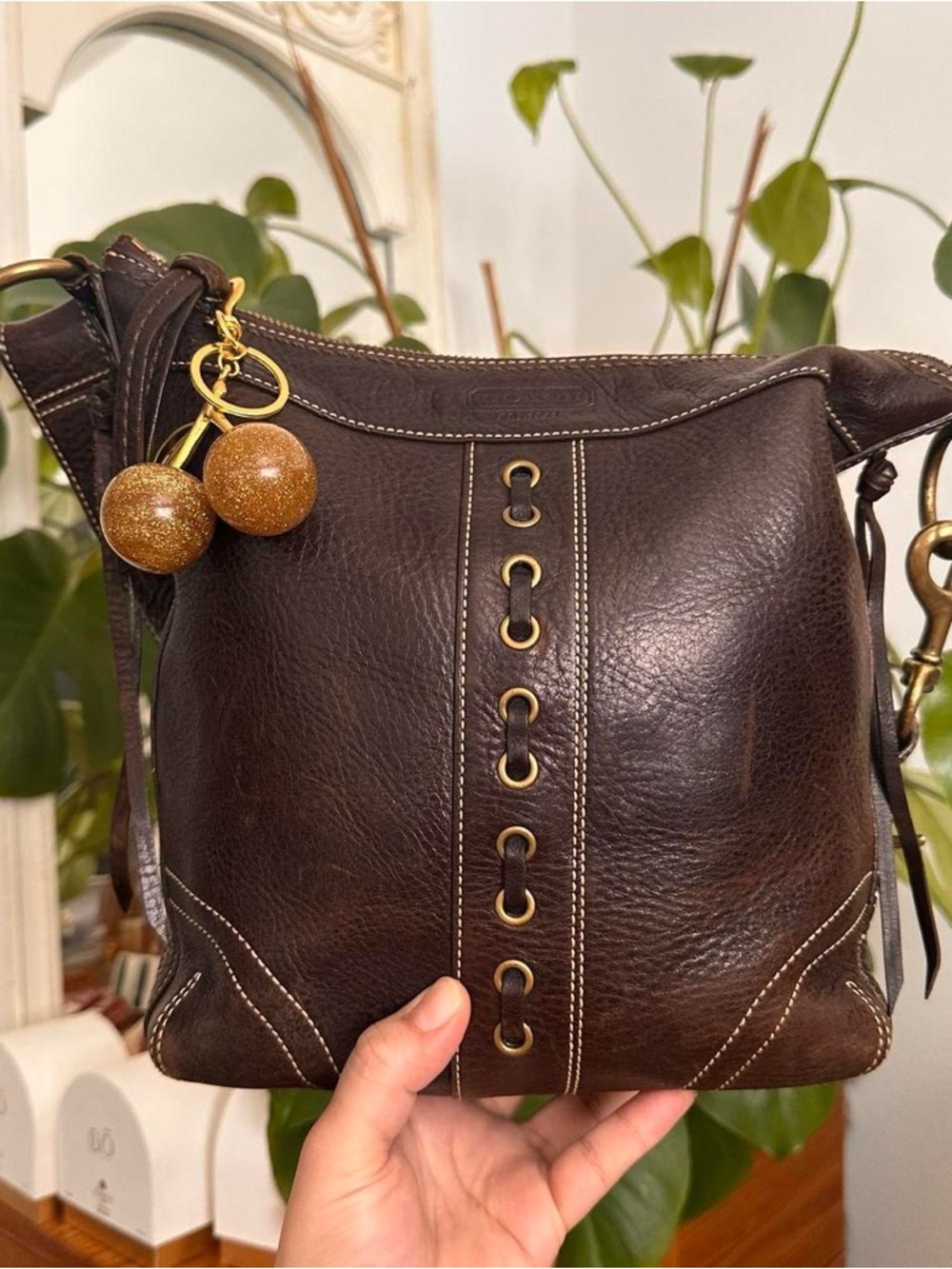 Y2k vintage Coach Dark Brown Leather Crossbody Bag with Gold Hardware